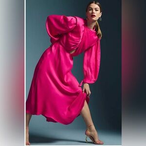 Farm Rio hot pink cutout midi drape Anthropologie Fuchsia Satin Dress NWT